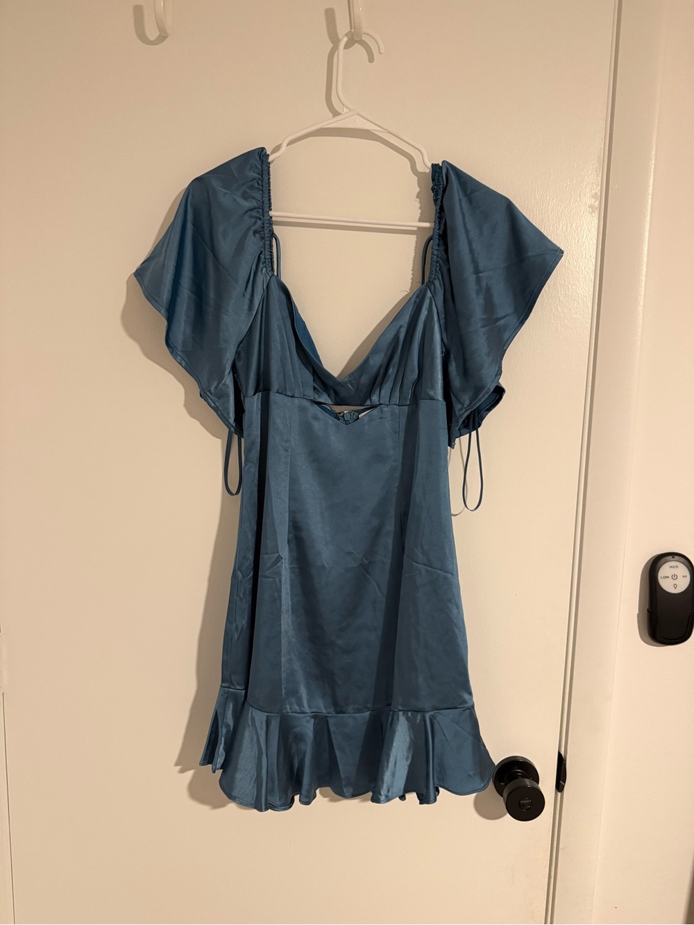 NWOT Selfie Leslie Blue Satin Mini Dress Flutter Sleeve Open Back Size M